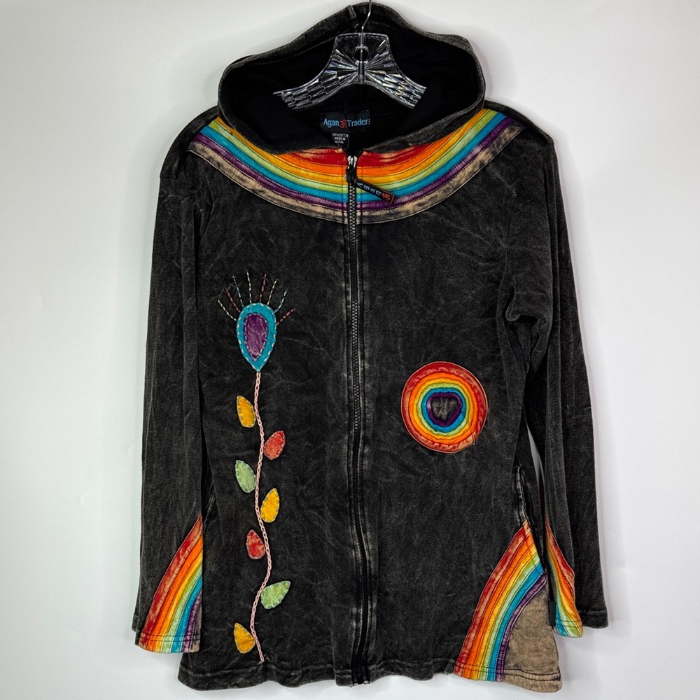 Agan Traders Bohemian Knit Rainbow Distressed Hooded Sweatshirt Size Large
